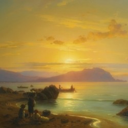 Sunny sea view with boats and figures